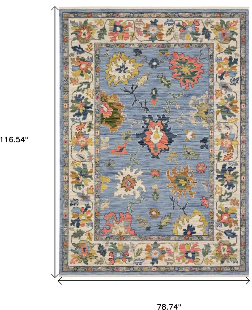 Blue Ivory And Yellow Oriental Area Rug With Fringe Photo 3