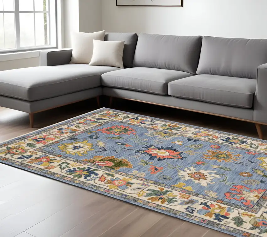 Blue Ivory And Yellow Oriental Area Rug With Fringe Photo 1