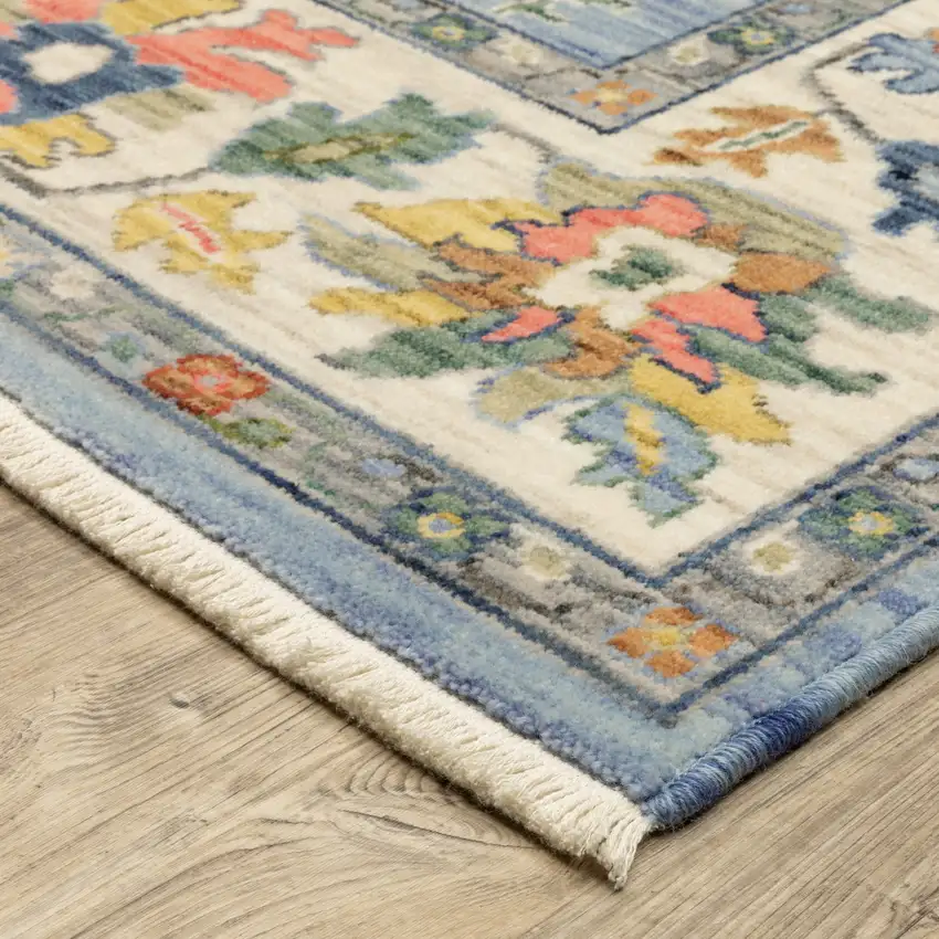 Blue Ivory And Yellow Oriental Area Rug With Fringe Photo 9