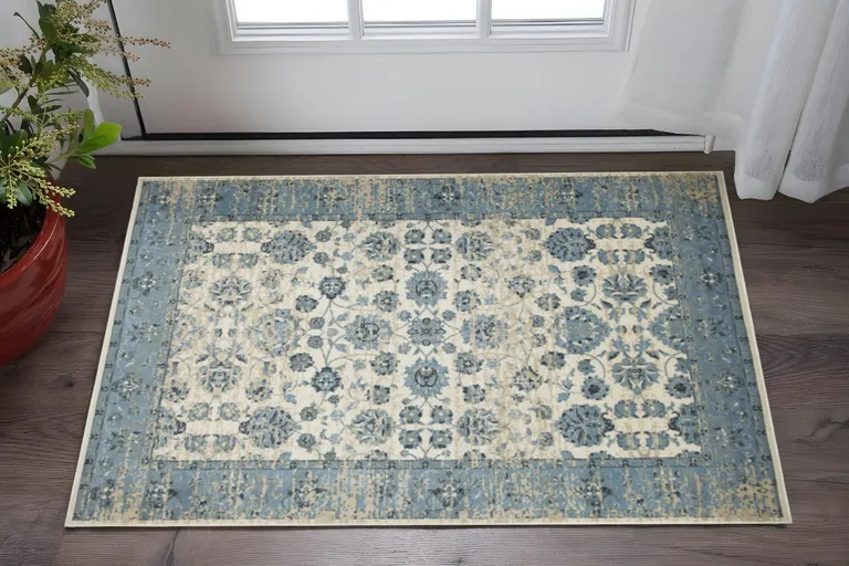 Blue Ivory Distressed Oriental Area Rug Photo 5