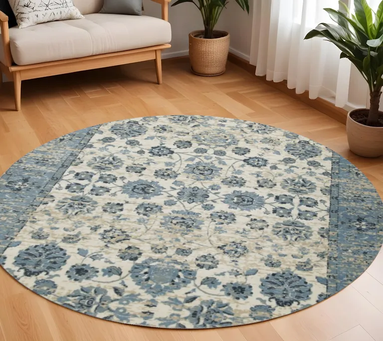 Blue Ivory Distressed Oriental Area Rug Photo 2