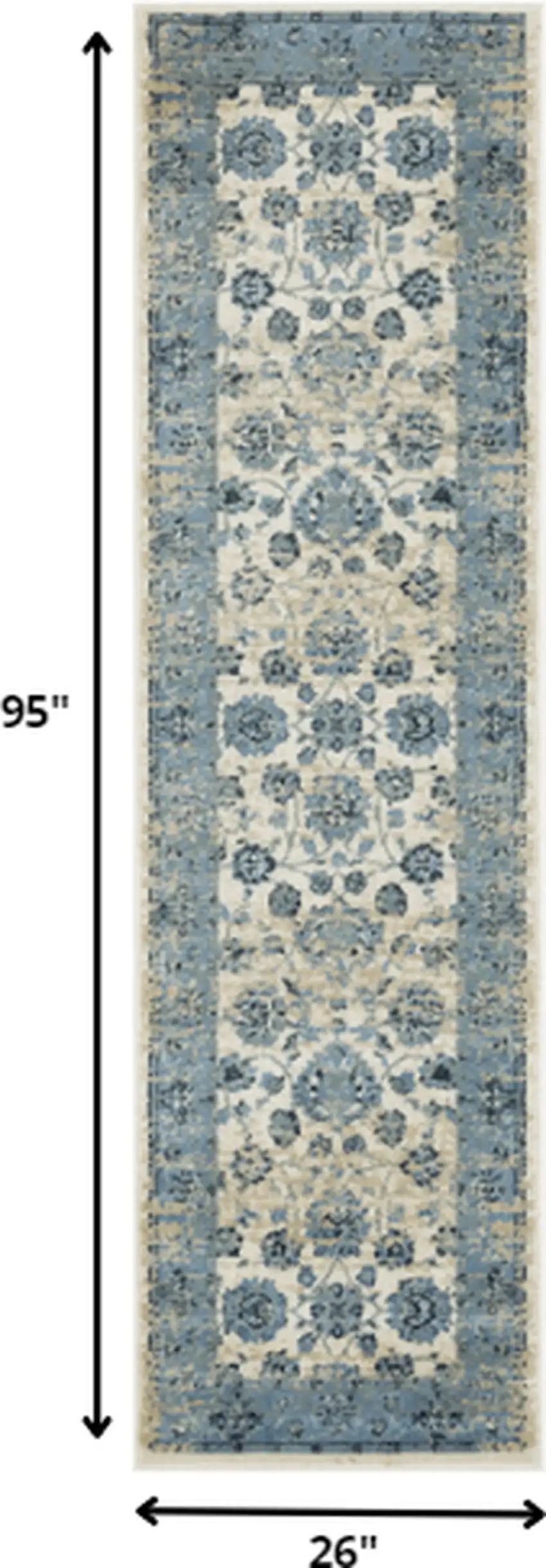 Blue Ivory Distressed Oriental Runner Rug Photo 5