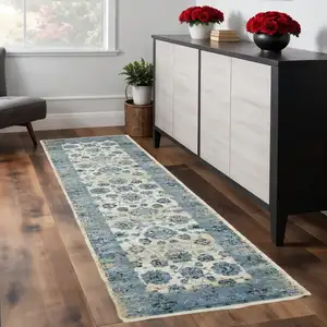 Photo of Blue Ivory Distressed Oriental Runner Rug