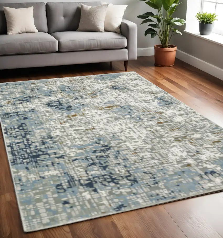 Blue Ivory Grey Brown Beige And Light Blue Abstract Power Loom Stain Resistant Area Rug Photo 1