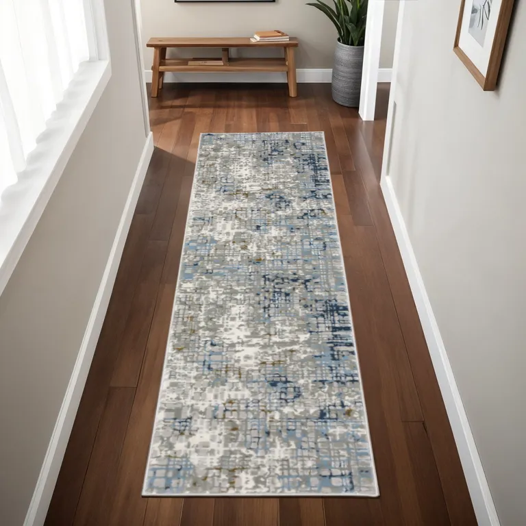 Blue Ivory Grey Brown Beige And Light Blue Abstract Power Loom Stain Resistant Runner Rug Photo 3
