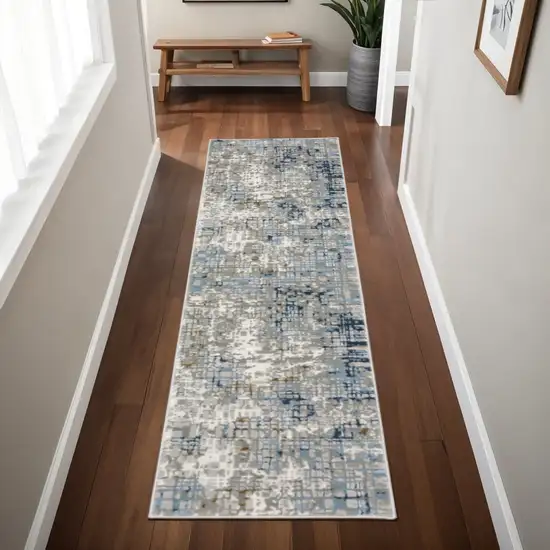 2' X 8' Blue Ivory Grey Brown Beige And Light Blue Abstract Power Loom Stain Resistant Runner Rug Photo 1