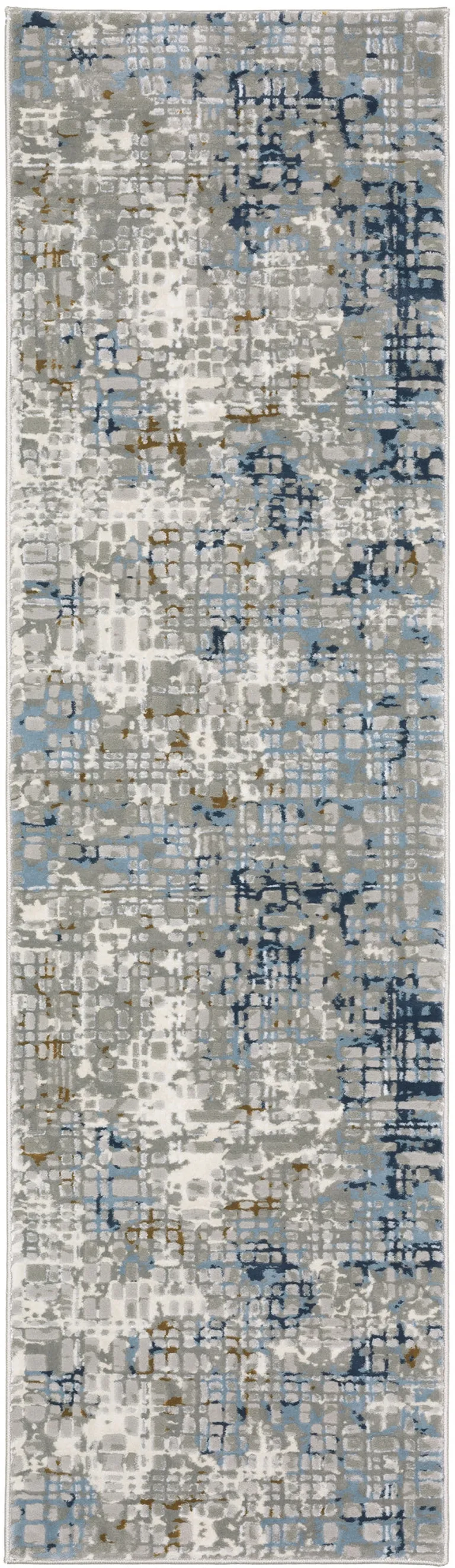 Blue Ivory Grey Brown Beige And Light Blue Abstract Power Loom Stain Resistant Runner Rug Photo 4