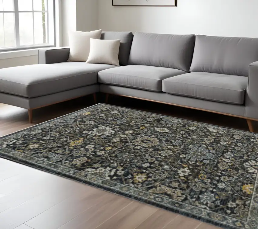 Blue Ivory Grey Gold Green And Brown Oriental Power Loom Stain Resistant Area Rug With Fringe Photo 1