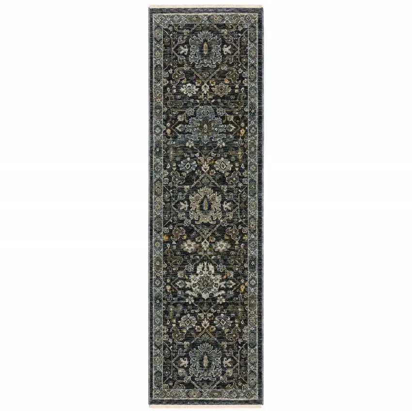 Blue Ivory Grey Gold Green And Brown Oriental Power Loom Stain Resistant Runner Rug With Fringe Photo 1