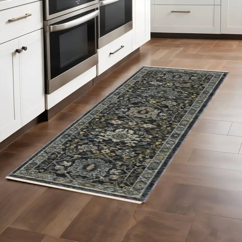 8' Blue and Ivory Oriental Power Loom Runner Rug Photo 1