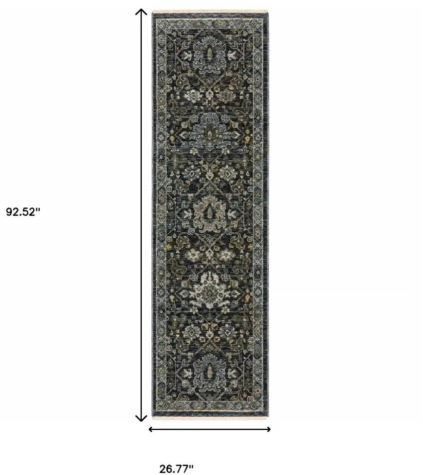 8' Blue and Ivory Oriental Power Loom Runner Rug Photo 3