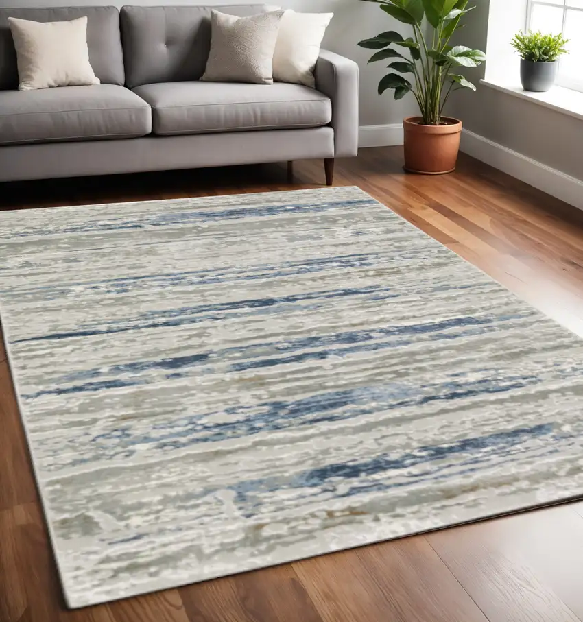 Blue Ivory Grey Light Blue And Brown Abstract Power Loom Stain Resistant Area Rug Photo 1
