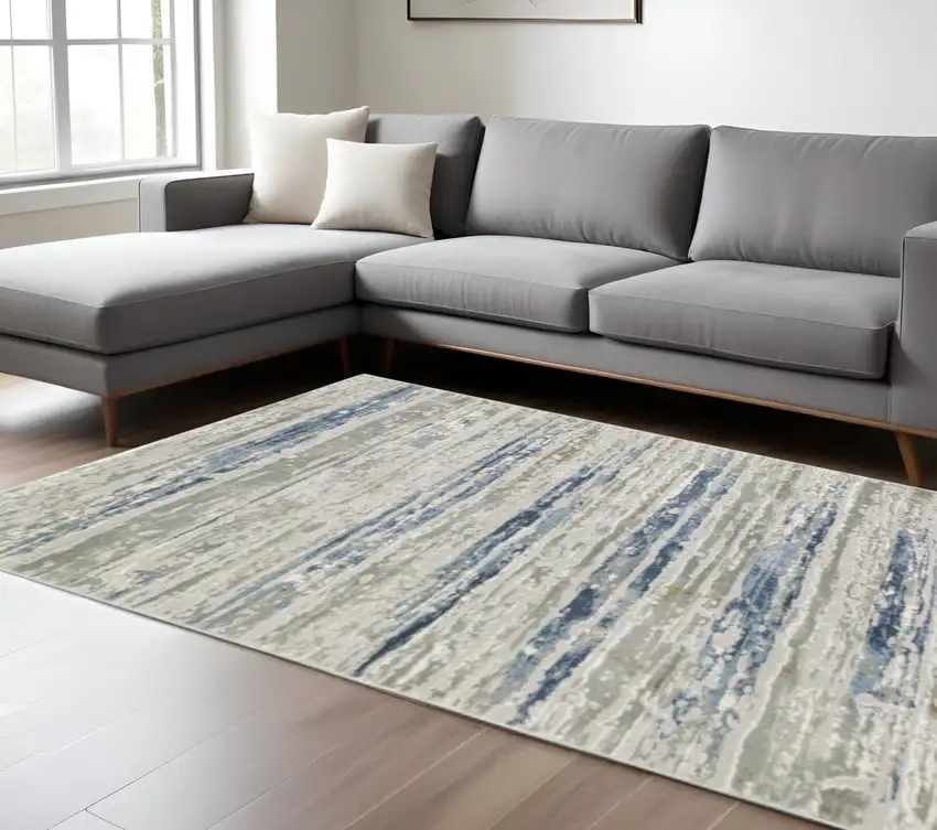 Blue Ivory Grey Light Blue And Brown Abstract Power Loom Stain Resistant Area Rug Photo 1