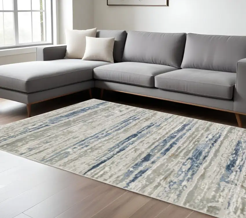 Blue Ivory Grey Light Blue And Brown Abstract Power Loom Stain Resistant Area Rug Photo 1