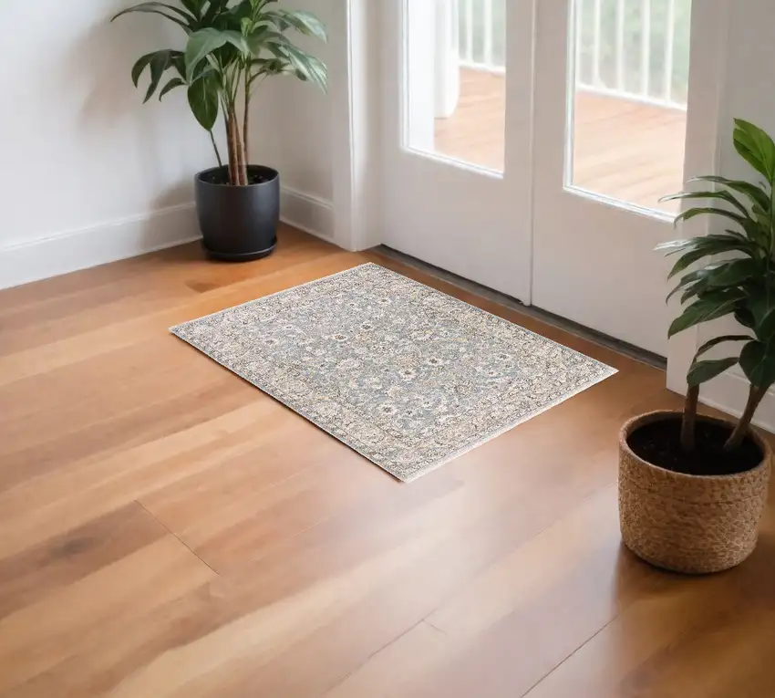 Blue Ivory Machine Woven Floral Oriental Indoor Area Rug Photo 1