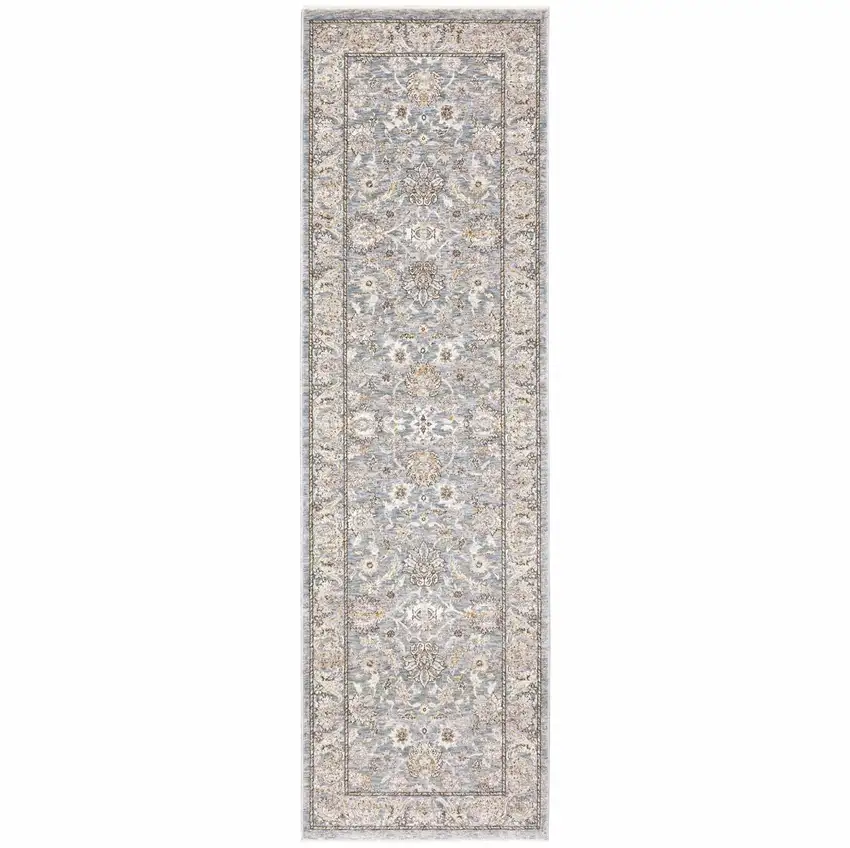 8' Blue Ivory Machine Woven Floral Oriental Indoor Runner Photo 3