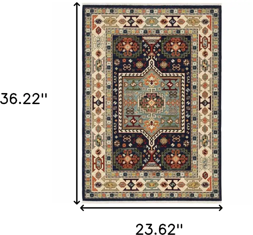 Blue Ivory Machine Woven Medallion Indoor Area Rug Photo 3