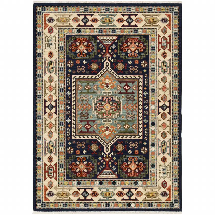 Blue Ivory Machine Woven Medallion Indoor Area Rug Photo 1