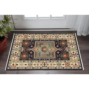 Photo of Blue Ivory Machine Woven Medallion Indoor Area Rug