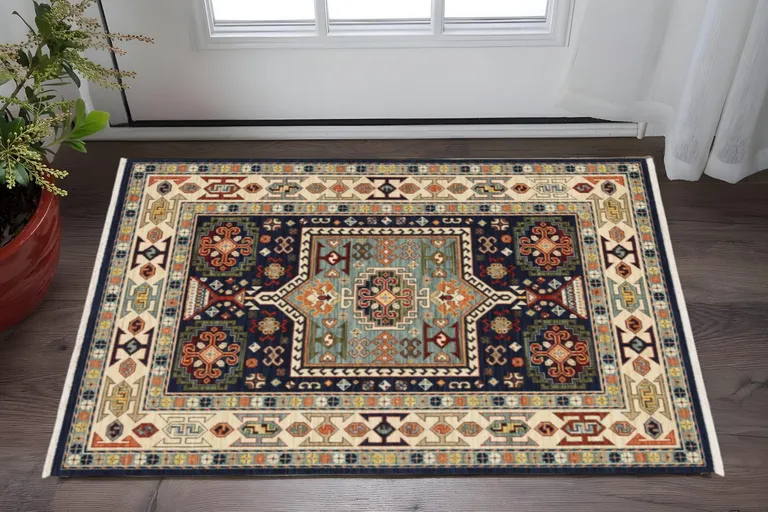 Blue Ivory Machine Woven Medallion Indoor Area Rug Photo 1