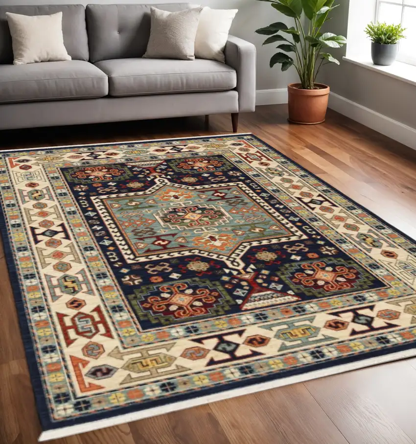 Blue And Ivory Medallion Area Rug Photo 1