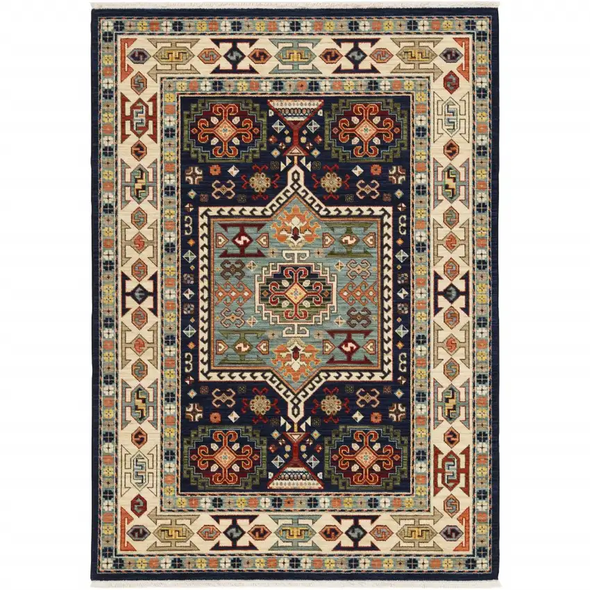 Blue Ivory Machine Woven Medallion Indoor Area Rug Photo 2