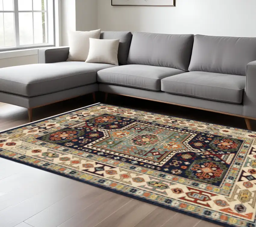 Blue And Ivory Medallion Area Rug Photo 1
