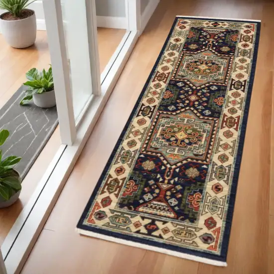 6' Blue And Ivory Wool Handmade Runner Rug Photo 2