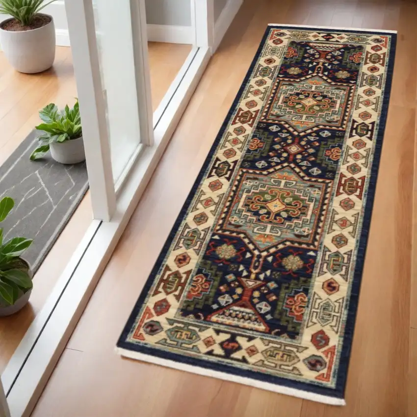 6' Blue And Ivory Wool Handmade Runner Rug Photo 2