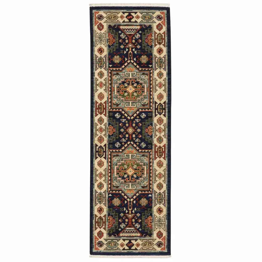 Blue Ivory Machine Woven Medallion Indoor Runner Rug Photo 1