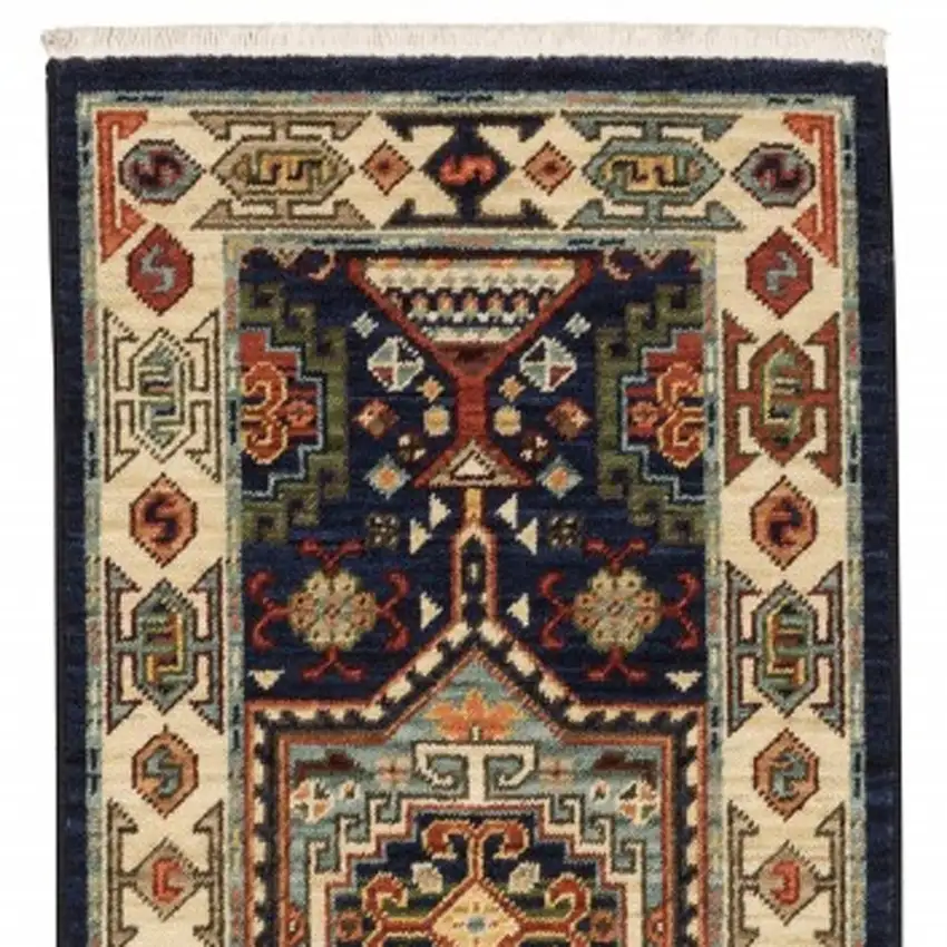 Blue Ivory Machine Woven Medallion Indoor Runner Rug Photo 5