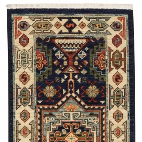 Blue Ivory Machine Woven Medallion Indoor Runner Rug Photo 5