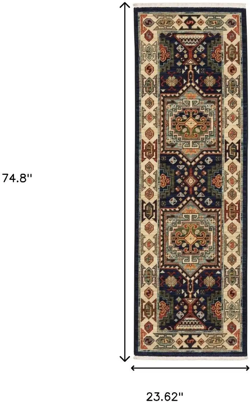 6' Blue And Ivory Wool Handmade Runner Rug Photo 7