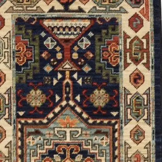 Blue Ivory Machine Woven Medallion Indoor Runner Rug Photo 4