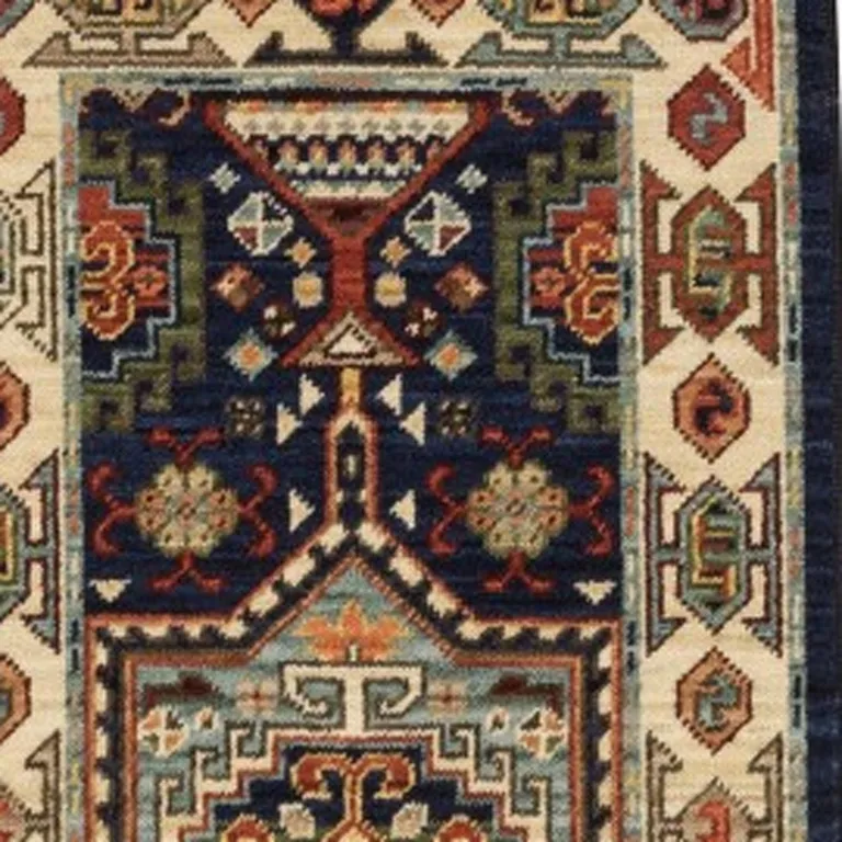Blue Ivory Machine Woven Medallion Indoor Runner Rug Photo 3