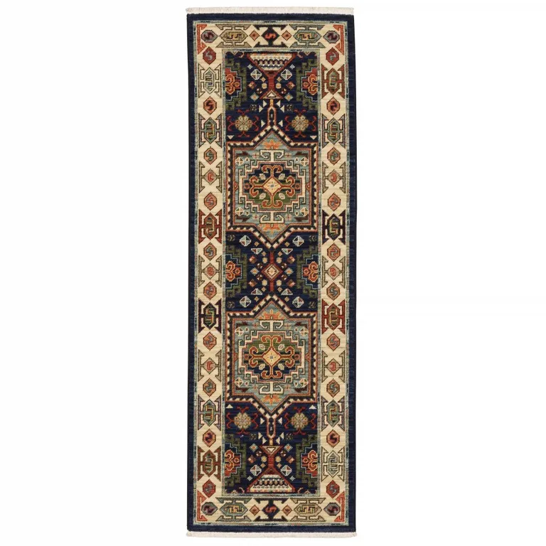 Blue Ivory Machine Woven Medallion Indoor Runner Rug Photo 1