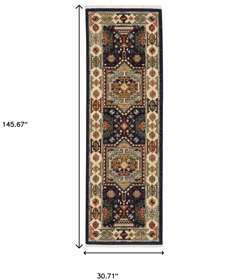 12' Blue Ivory Machine Woven Medallion Indoor Runner Rug Photo 5