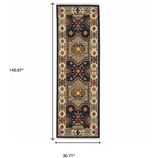 12' Blue Ivory Machine Woven Medallion Indoor Runner Rug Photo 5