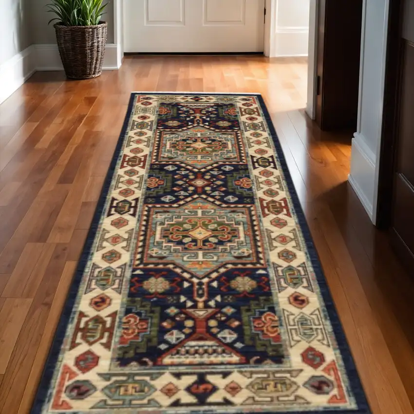12' Blue And Ivory Wool Handmade Runner Rug Photo 1