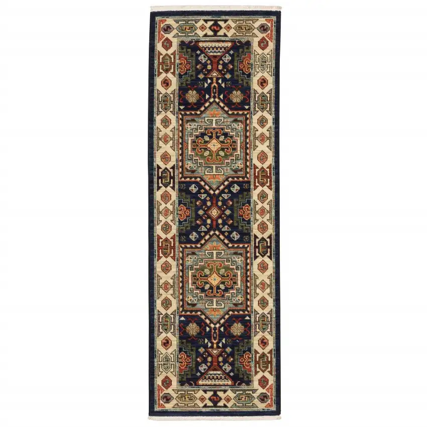 12' Blue Ivory Machine Woven Medallion Indoor Runner Rug Photo 2