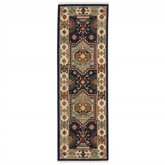 12' Blue Ivory Machine Woven Medallion Indoor Runner Rug Photo 2