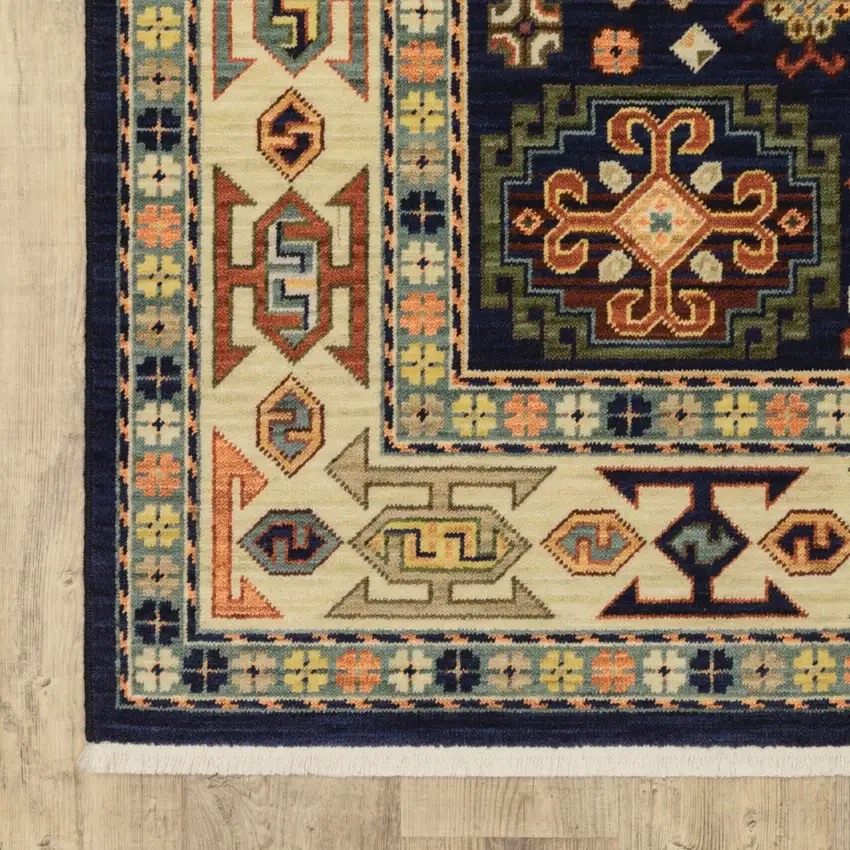 Blue Ivory Machine Woven Medallion Indoor Runner Rug Photo 2