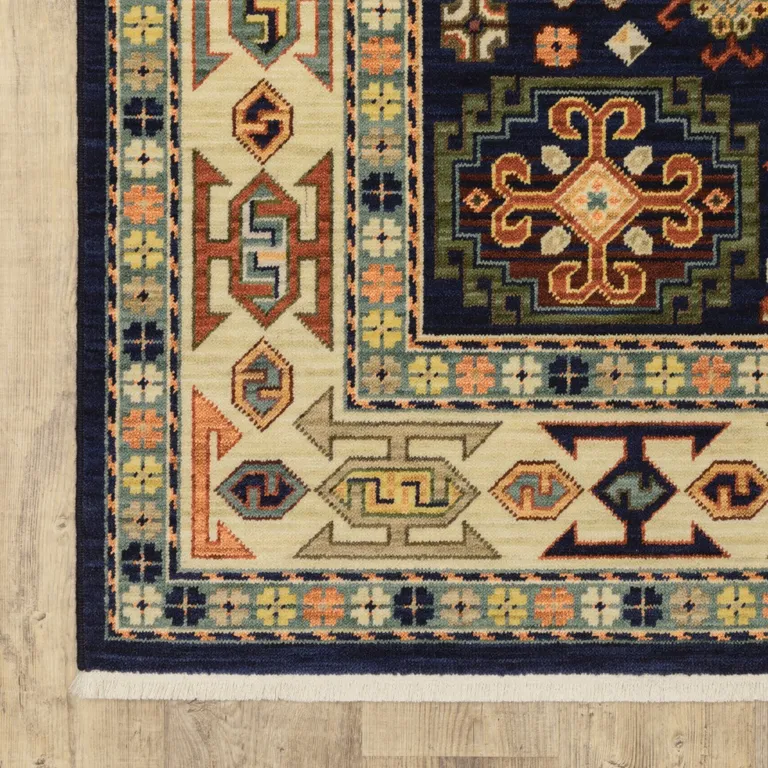 Blue Ivory Machine Woven Medallion Indoor Runner Rug Photo 2