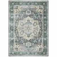 Photo of Blue Ivory Teal Brown And Gold Oriental Printed Stain Resistant Non Skid Area Rug