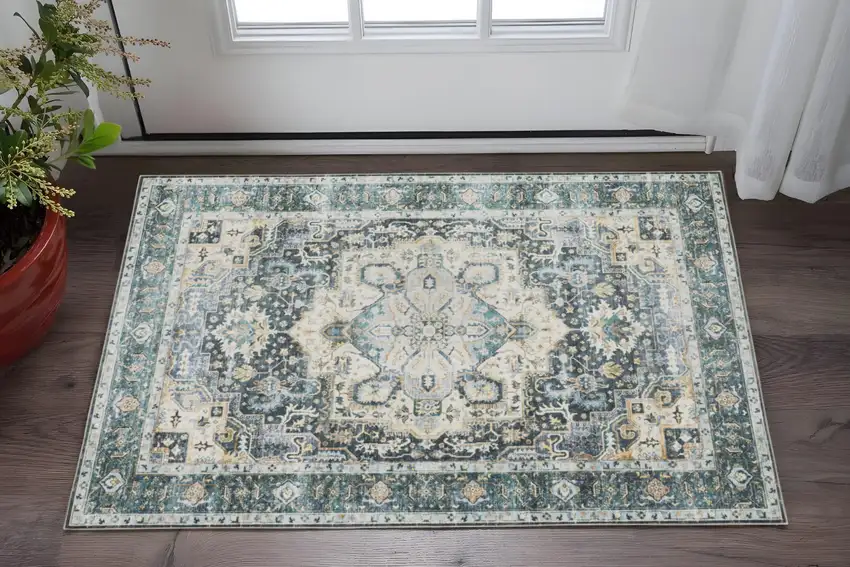 Blue And Ivory Oriental Distressed Area Rug Photo 1