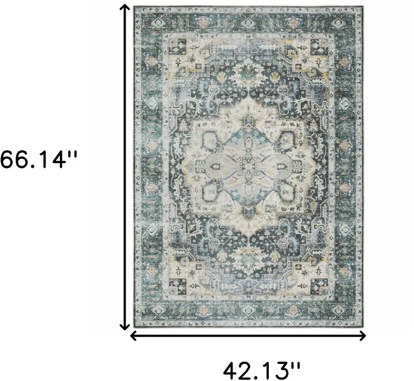 Blue Ivory Teal Brown And Gold Oriental Printed Stain Resistant Non Skid Area Rug Photo 3