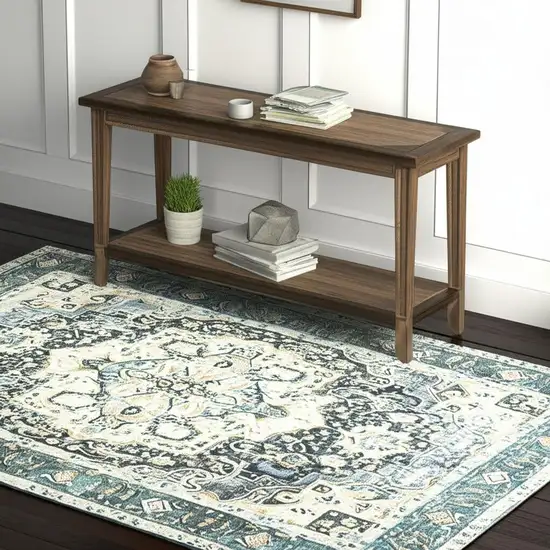 Blue Ivory Teal Brown And Gold Oriental Printed Stain Resistant Non Skid Area Rug Photo 1