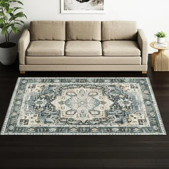 Blue Ivory Teal Brown And Gold Oriental Printed Stain Resistant Non Skid Area Rug Photo 1