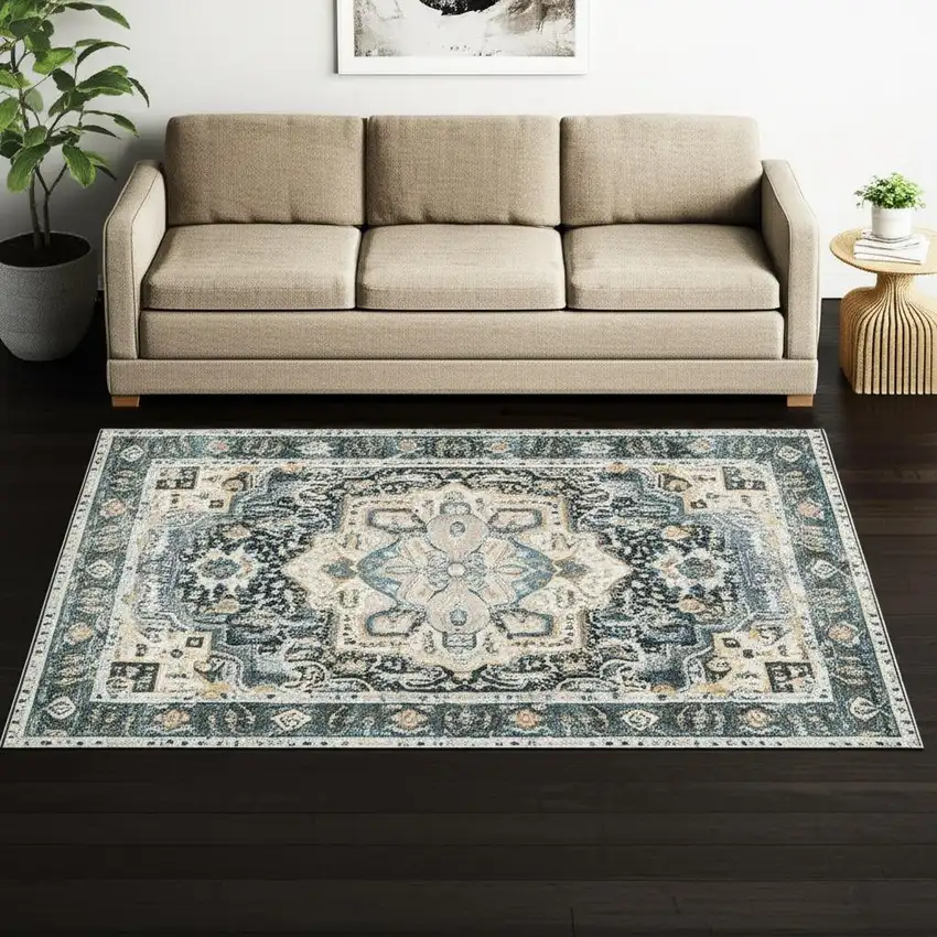 Blue Ivory Teal Brown And Gold Oriental Printed Stain Resistant Non Skid Area Rug Photo 1