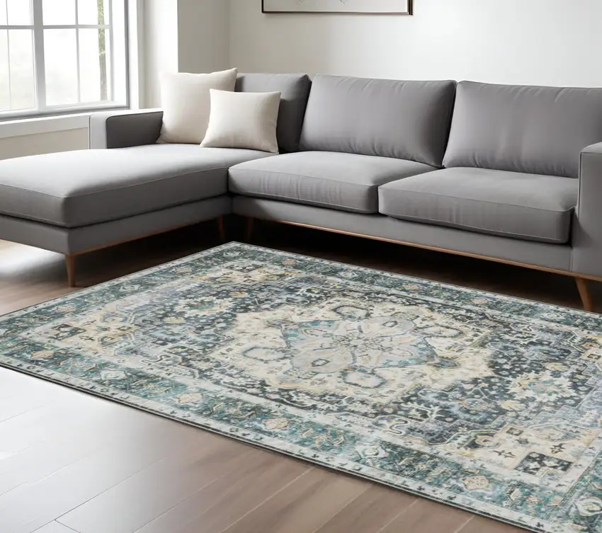 Blue and Ivory Oriental Non Skid Area Rug Photo 1